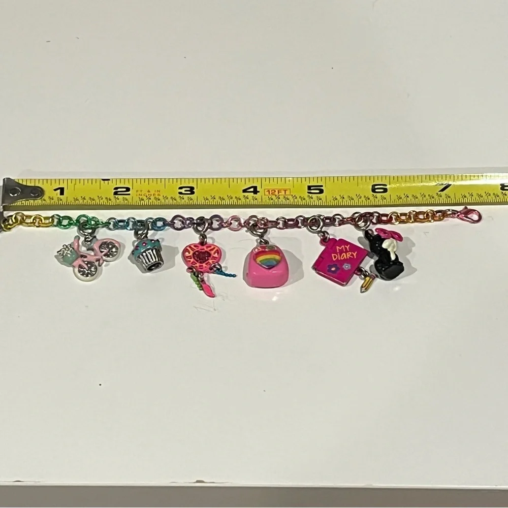 Charm It! Rainbow Charm Bracelet w/ 6 Charms Diary, Bike, Backpack, Heart, Cat